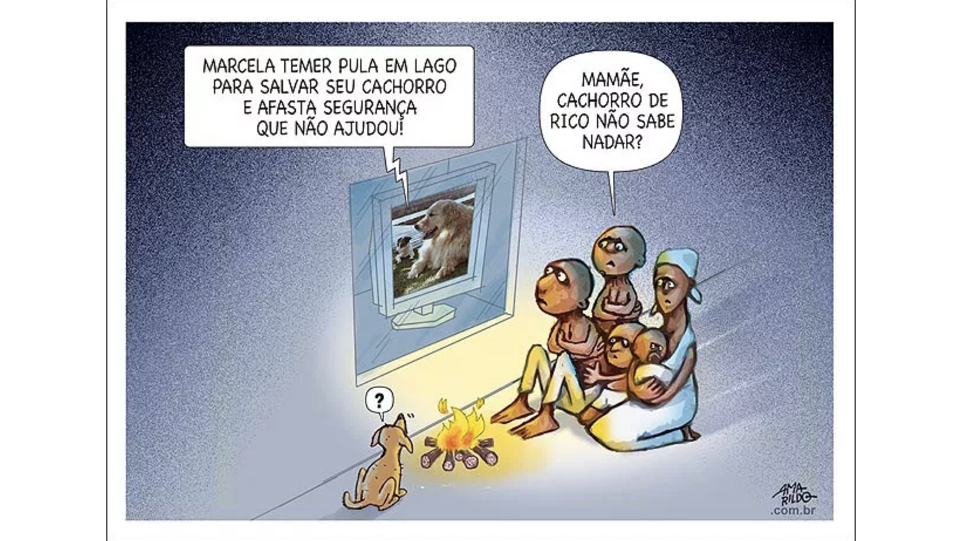 A cachorrada palaciana. O cachorro do ministro Moreira Franco, de Minas e Energia, entrou na terapia para aprender a não avançar nos outros. O animal é irmão de Picolly, cãozinho da primeira-dama Marcela Temer. O Jack Russell ficou famoso esta semana ao pular, no último dia 22, em um lago no Palácio do Alvorada e ser resgatado pela esposa do presidente da República. – Ilustração – Amarildo Lima – Humor Político marcela.001